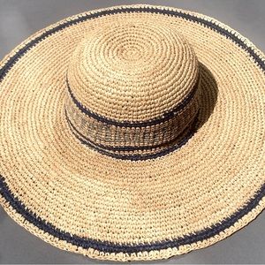 Anthropologie hand made raffia hat, wide brim, blue and light blue stripes